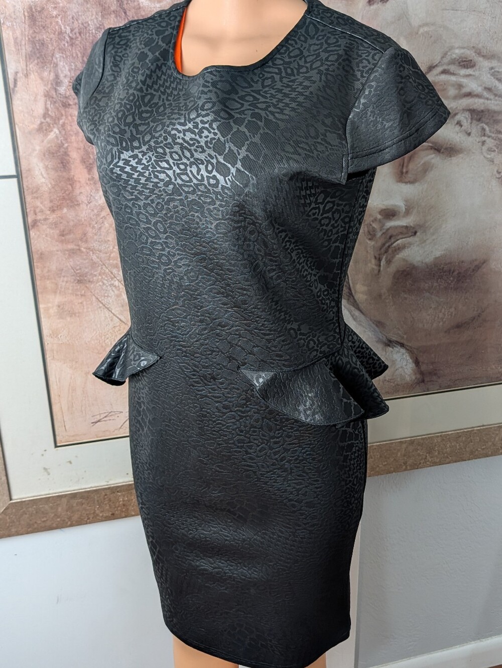 Samuel Dong Black Jacquard Peplum Dress Animal Leopard Print Sheath Size S